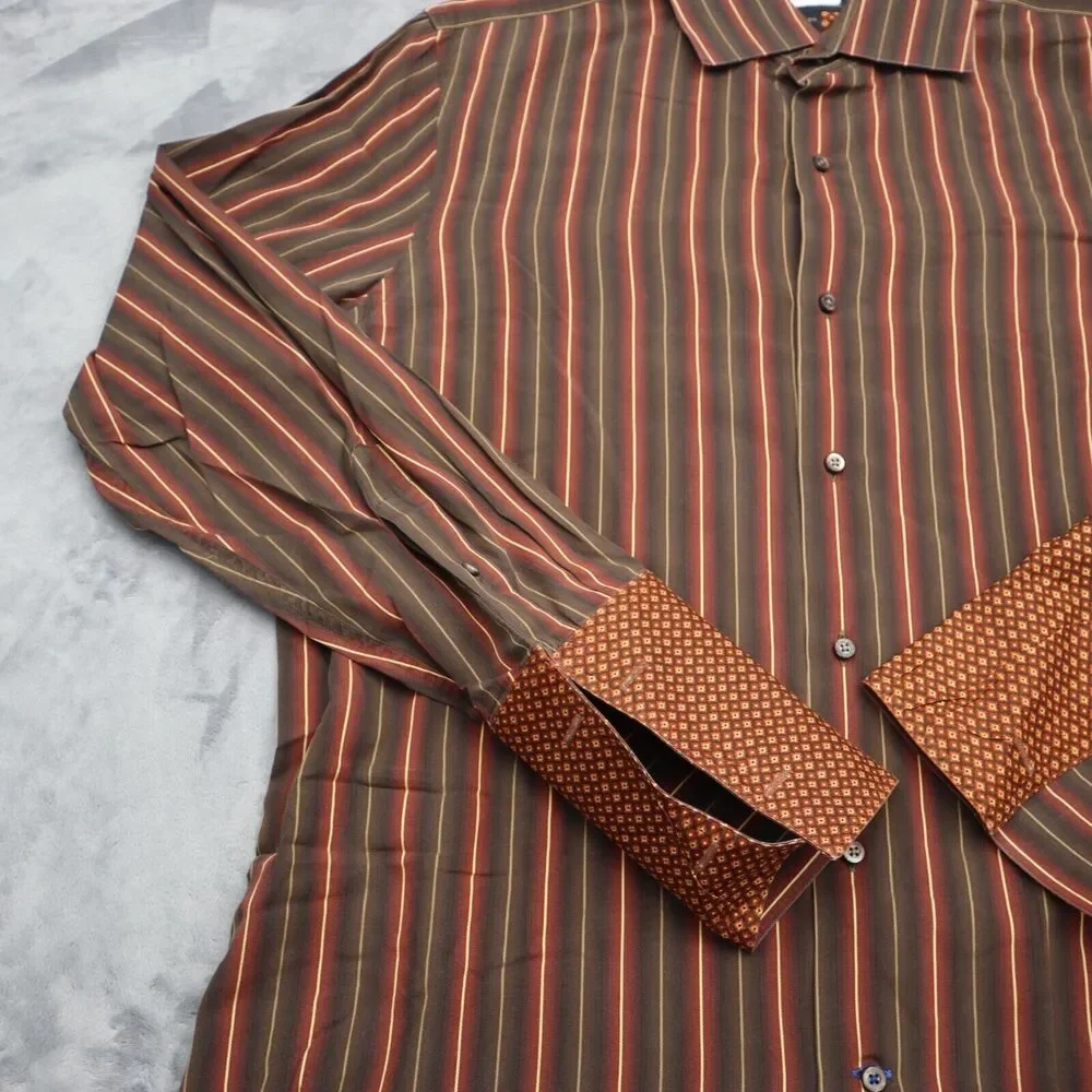Banana Republic Shirt Mens L Brown Red Striped Flip Cuff Button Up Work Office